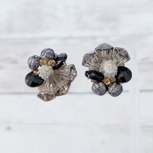 Vintage Clip On Earrings Unusual Dark Tones Cluster Large Statement